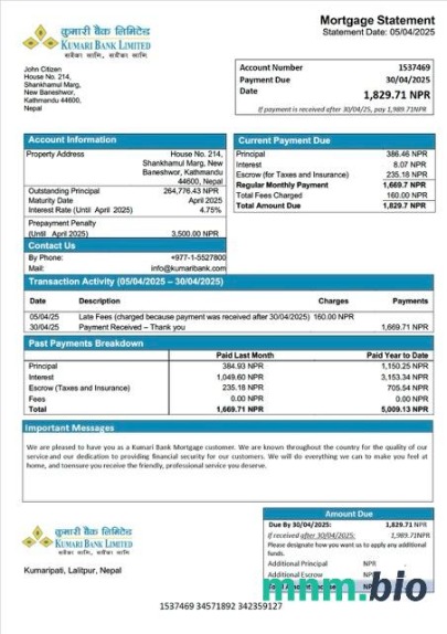 Nepal Kumari Bank wyciąg z kredytu hipotecznego szablon Word i PDF